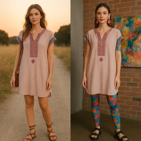 Johnny Was Peasant Embroidered Stripe Linen Tunic Dress 2X Boho Coastal Cottage - Picture 3 of 13